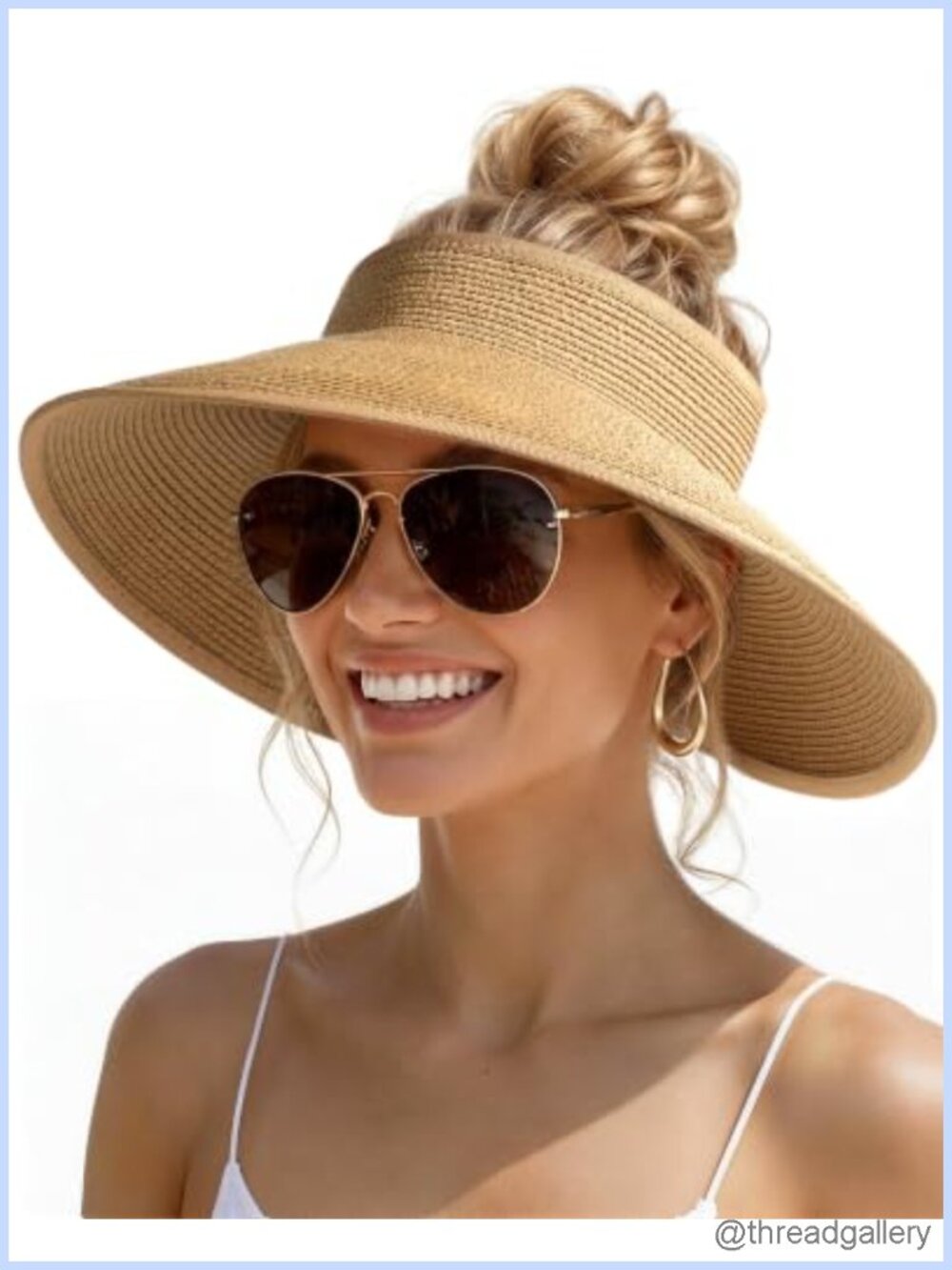 Wide Brim Straw Sun Visor Hat UPF 50+ Packable Ponytail Beach